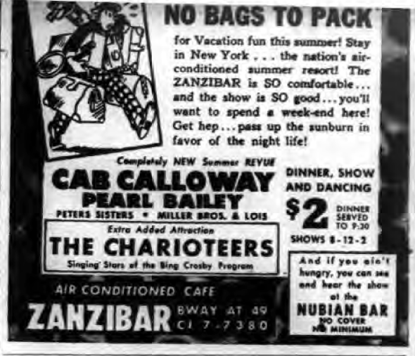 1946 0702 NY Evening Post Zanzibar Ad Cab Pearl Bailey No Bags to Pack.png