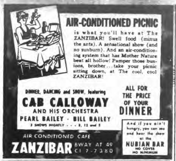 1945 0803 NY EVening Post Zanzibar ad Cab Nubian Bar Air conditioned Picnic.png